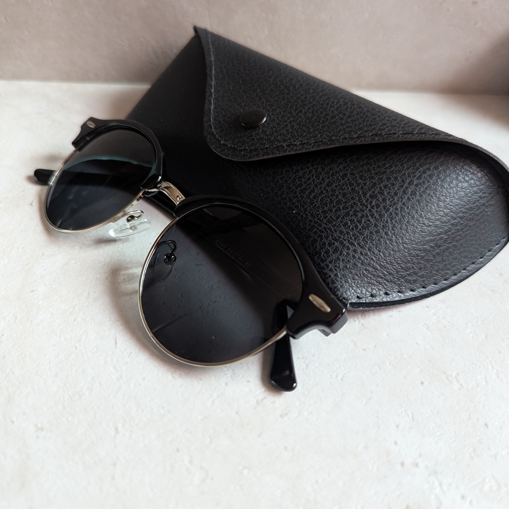 Classic Round Black and Silver Unisex Sunglasses with Case - Picture 5 of 5